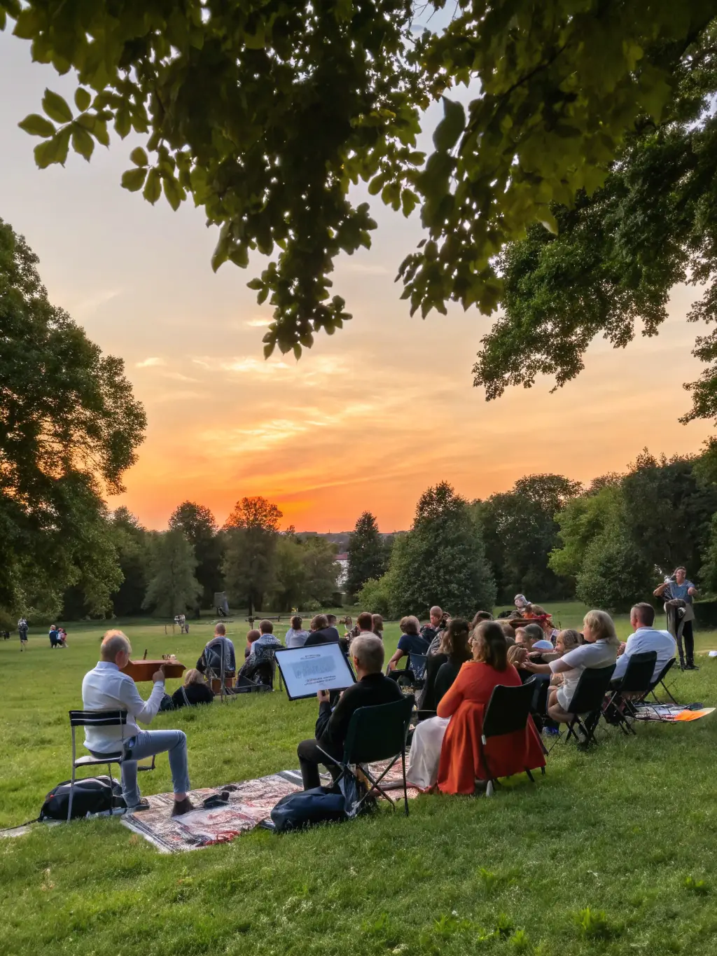 A photo of a theatrical performance in a local park, supported by LES RUELLES VIVES, featuring actors in colorful costumes and a captivated audience.