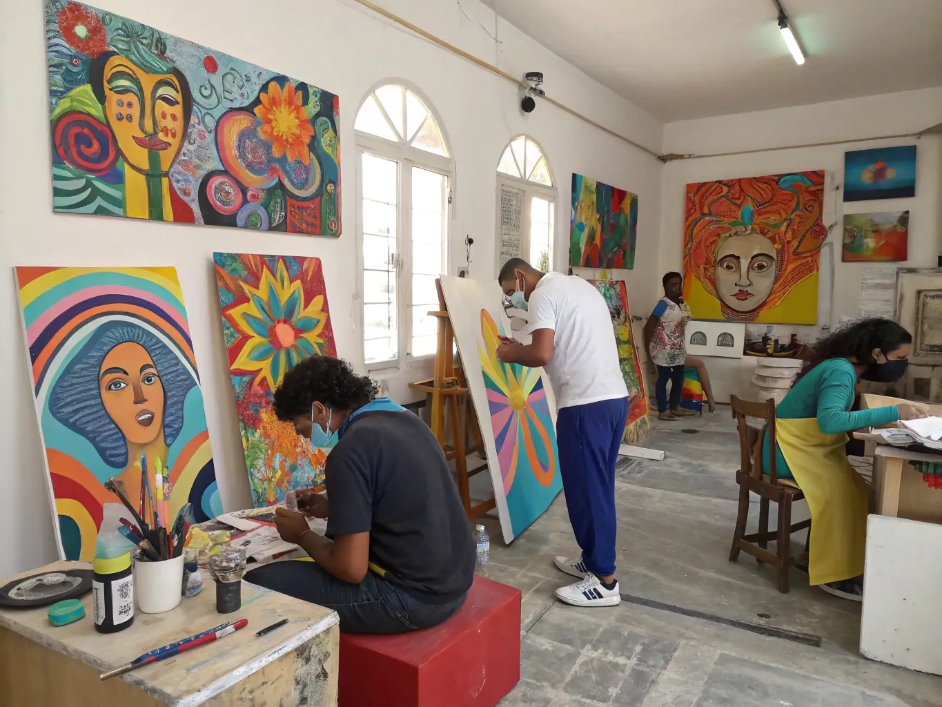 An image showcasing a vibrant art workshop in progress, with participants of diverse ages and backgrounds actively engaged in creating art pieces, reflecting the inclusive nature of LES RUELLES VIVES' programs.